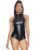 Coquette Black Zip Front Wet Look Teddy with Metal Ring Details